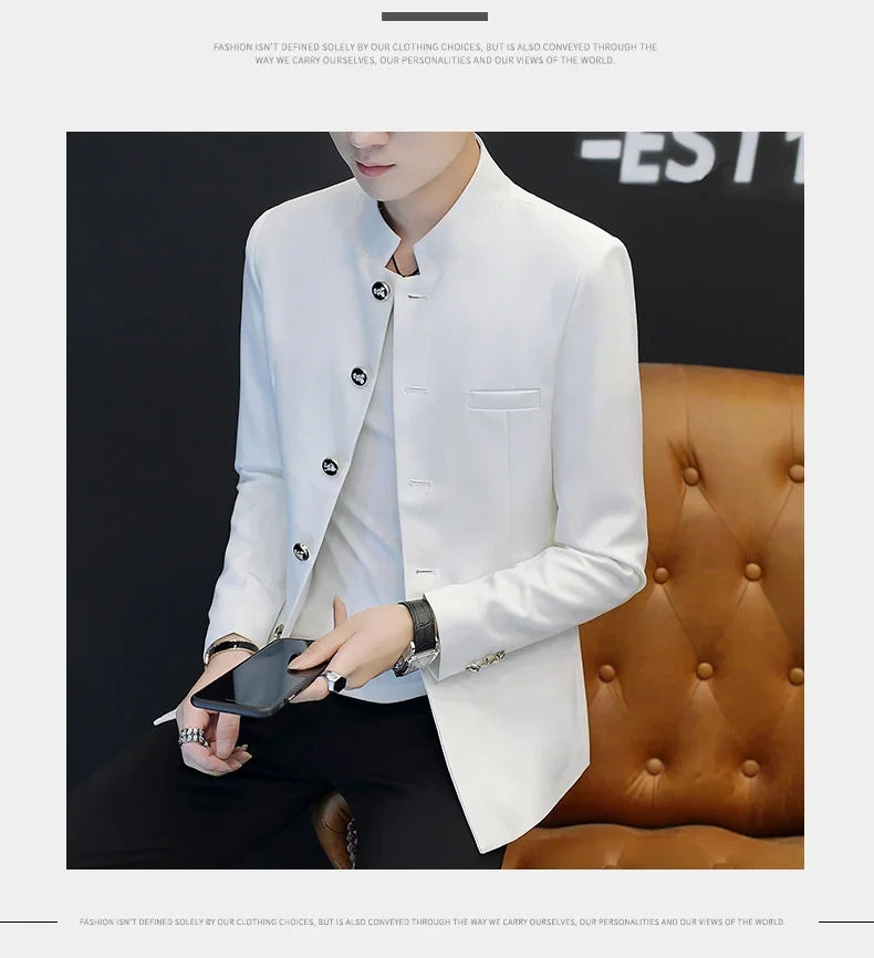 2024 Men's Slim Fit Long Sleeve Casual Suit Korean Trend Stand Collar Fashion Handsome Male Suit