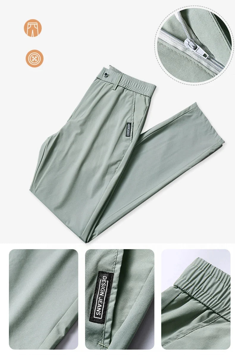 Summer Silk Stretch Smooth Trousers Men Business Elastic Waist Korean Classic Thin Cool Black Gray Casual Suit Pants Male Brand