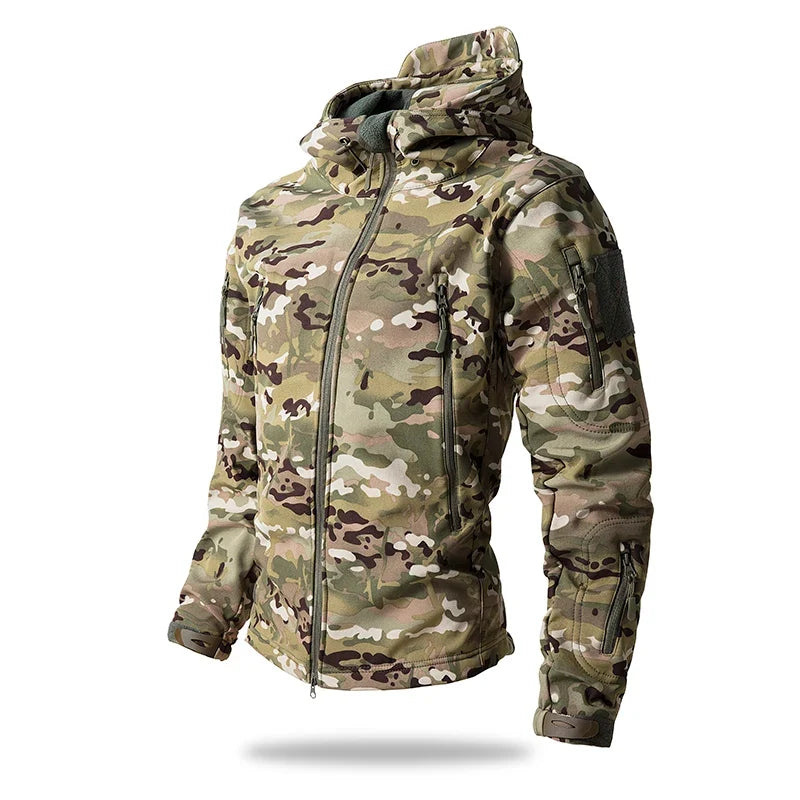 New Soft Shell Tactical Jacket  Men Winter Fleece Hooded Coat Hunting Clothes Outdoor Camouflage CS Tops Waterproof Windproof