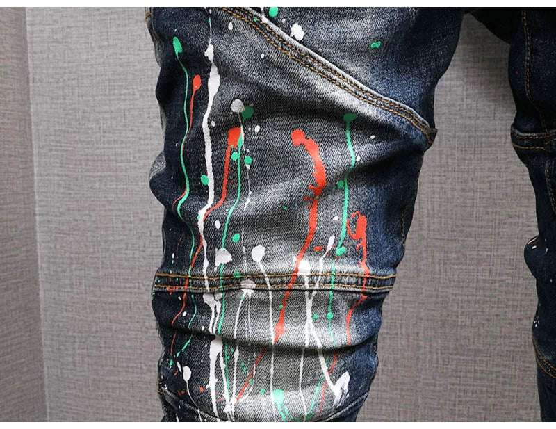 Fashion Streetwear Men Jeans Retro Black Blue Elastic Slim Fit Ripped Jeans Men Spliced Designer Embroidery Hip Hop Denim Pants