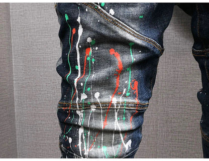 Fashion Streetwear Men Jeans Retro Black Blue Elastic Slim Fit Ripped Jeans Men Spliced Designer Embroidery Hip Hop Denim Pants