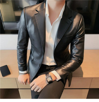 Men's Leather Jacket 2024 Autumn Highend Fashion Solid Slim Fit Business Blazers Coats Korean Casual PU Leather Suit Tuxedo