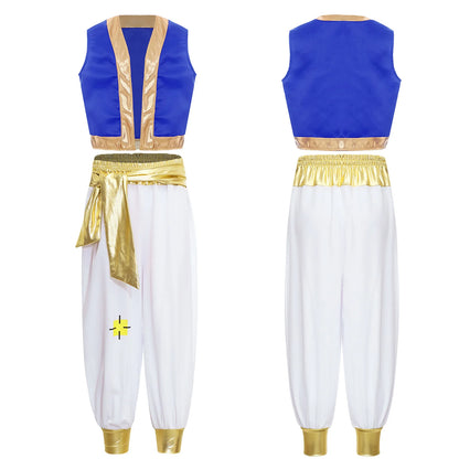 Boys Girls Prince Costume Arabian Prince Fairy Tale Character Cosplay Suits Belly Dance Golden Trim Vest with Satin Bloomer Set