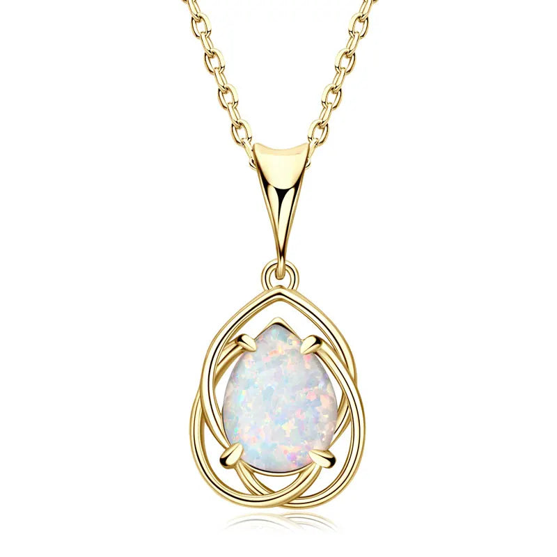 925 Sterling Silver Hollow Pendant Necklace 7*10mm Pear Shape Cut Synthetic Opal Drop Necklaces For Women Wedding Jewelry