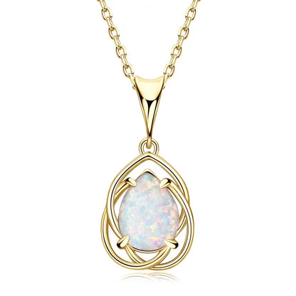925 Sterling Silver Hollow Pendant Necklace 7*10mm Pear Shape Cut Synthetic Opal Drop Necklaces For Women Wedding Jewelry