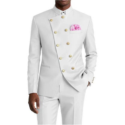 Men's Chinese Style Suit 2 Piece Brown Mandarin Collar Double Breasted With Gold Buttons Formal Jacket Pants For Business Weddin