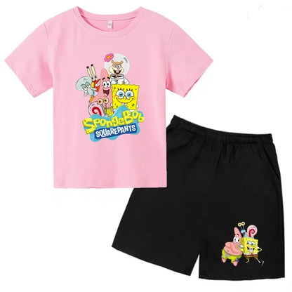 Kids Summer Anime SpongeBob SquarePants Fashion T-shirt 3-12 Years Boys Girls Toddler Short-sleeved+Shorts Casual Sportswear Set