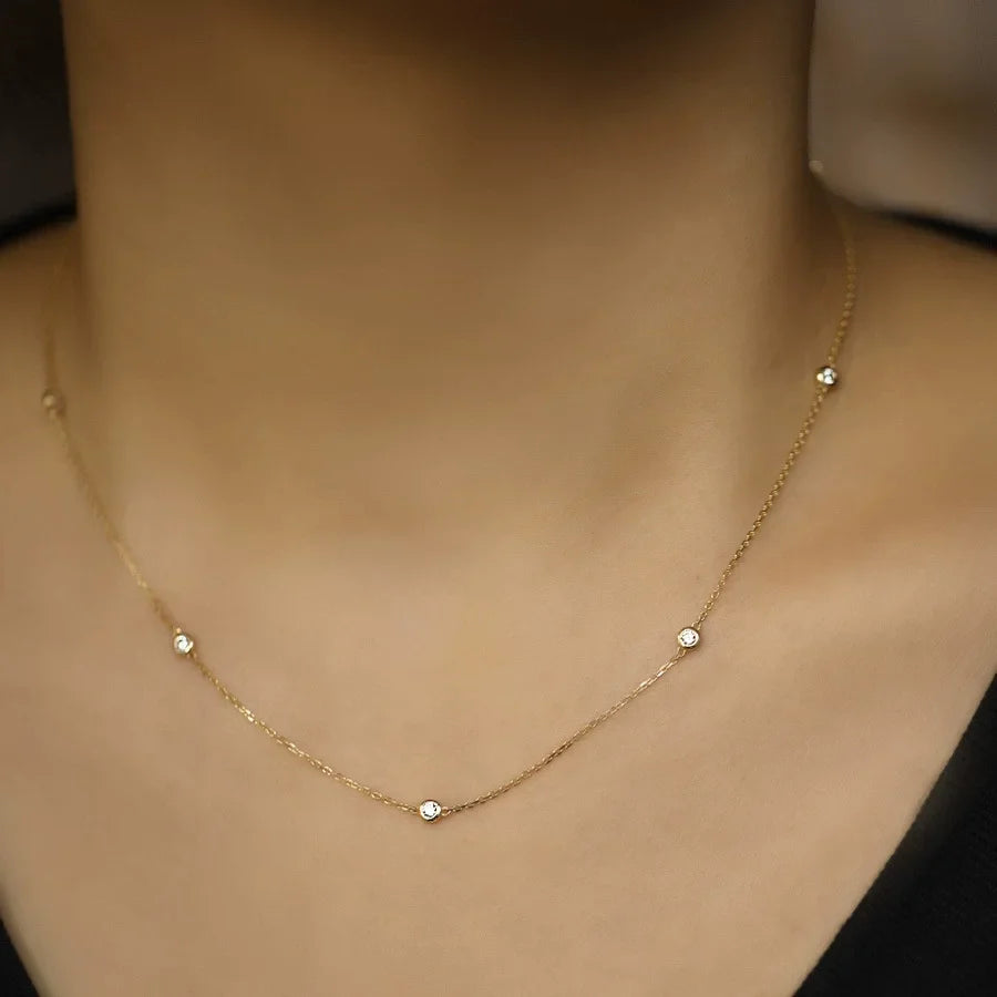 100% S925 Sterling Silver Round Zircon Bead Necklace for Women Gold Silver Color Korea Clavicle Chain Necklace Trendy Jewe