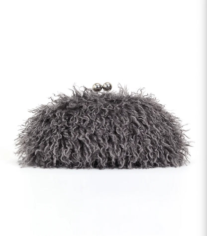 Women kisslock Faux Fur Clutch bag winter warm dark grey pouch frame clasp bag with chain crossbody