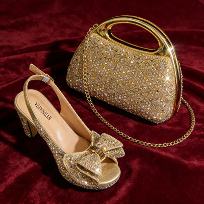 2026 Women’s Italian Gold High Heels with Rhinestone Detail & Matching Bag Set - Stylish Pointed Toe Design