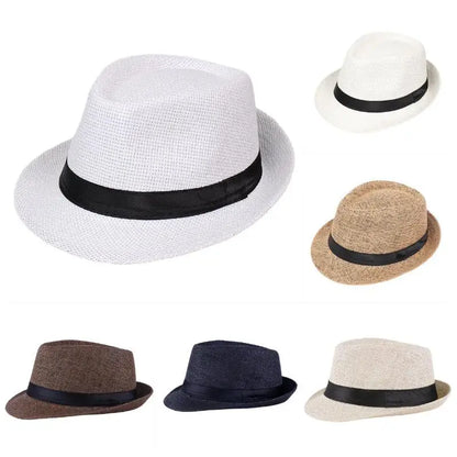 Jazz Hat British Style Linen Solid Color Hat for Men and Women Rolled Brim Couple Style Sun Hat Paper Straw Hat