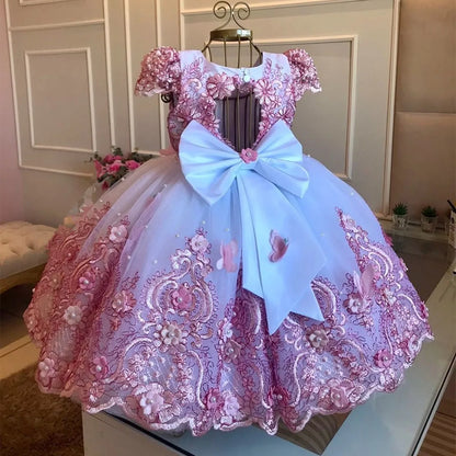 Baby Girl Birthday Dress Lace Pearls Infant Tutu Dress Princess Flower Girl Dress Cap Sleeve Long Party Gown