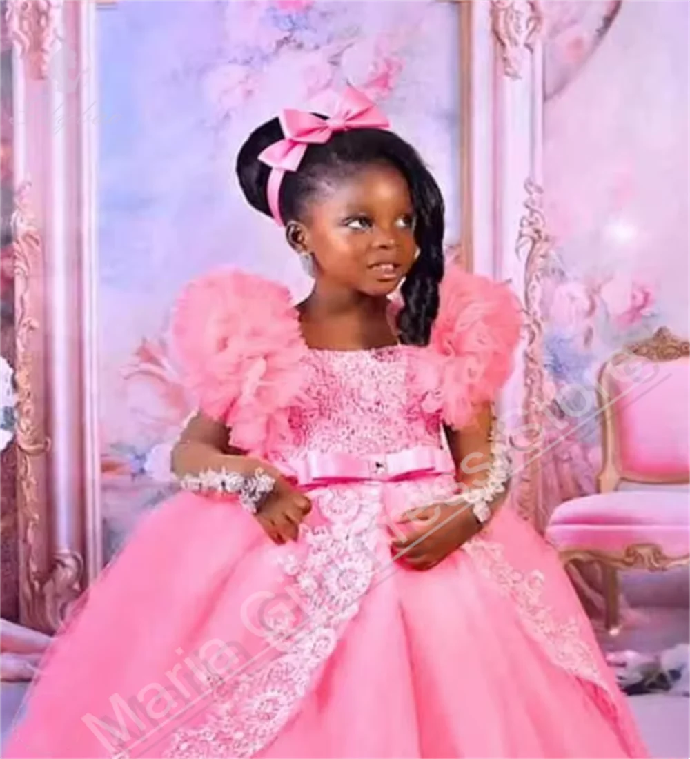 Customized Pink Little Baby Girls Wedding Party Dresses Lace Appliqued Flower Girl Dresses Beauty pageant Dress For Photo Shoot