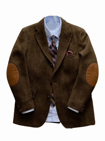 Men's Vintage Herringbone Tweed Blazer With Elbow Patch 2 Button Single Breasted Cotton Casual Slim Fit Business Jacket XS-7XL