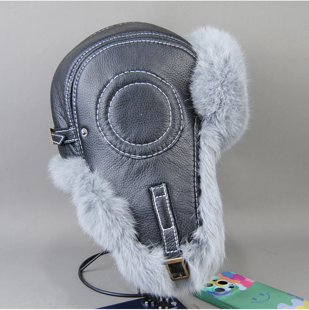 2026 Fashion Men's 100% Natural Rabbit Fur Bomber Hats Winter Russian Man Warm Real Sheepskin Leather Hat Male Real Fur Caps