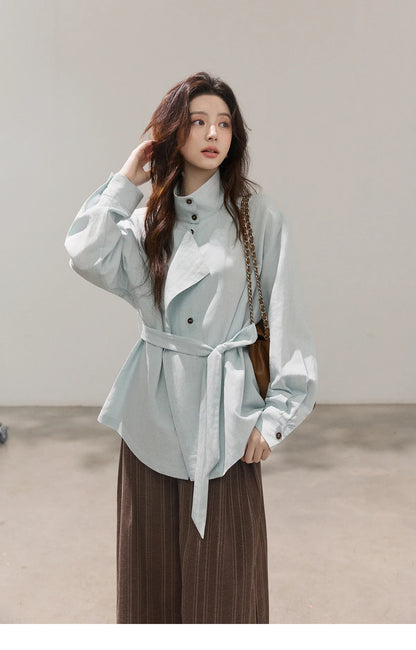 Women's Stand Collar Long Sleeve Shirts Spring Belted Waist Asymmetric Button Tops Casual Loose Solid Shirt MXF13C2459