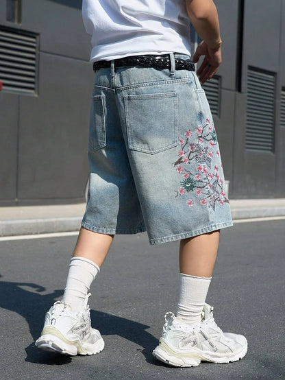Men's Light Blue Cherry Blossom Embroidered Denim Shorts, Loose Wide-Leg Streetwear Trendy Denim Capris
