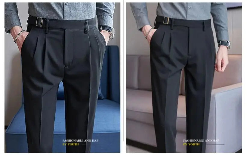 Pure Color Male Business Wedding Dress Pants Fashion Unique Design Men Waist Adjustable Suit Pant No Belt Slim Trousers Homme