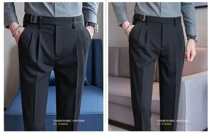 Pure Color Male Business Wedding Dress Pants Fashion Unique Design Men Waist Adjustable Suit Pant No Belt Slim Trousers Homme