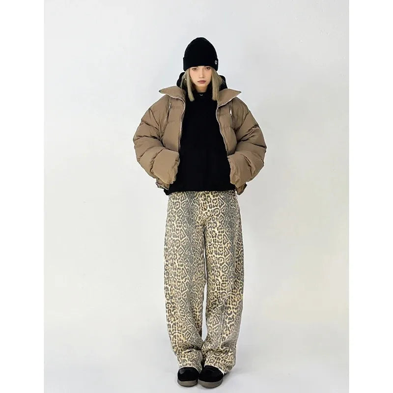 Vintage Leopard Print Jeans Women Spring Oversize Casual Hip Pop Wide Leg Trouser Trend High Waist Panther Denim Pants Ladies