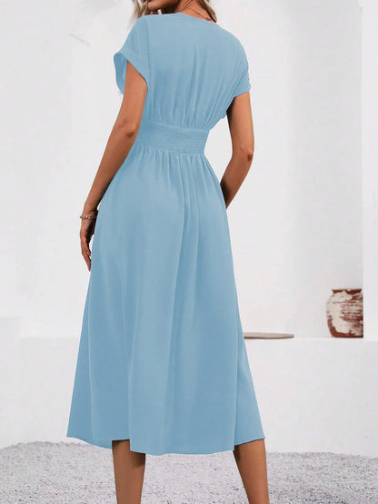 Dresses 2025 Woman Summer Solid-Color V-Neck Batwing-Sleeve Pleated Long Elegant Dress Woman Clothing Tops Skirts Y2k Clothes