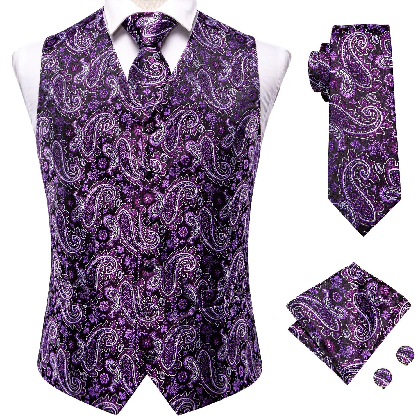 Purple Silk Mens Waistcoat Tie Set Sleeveless Jacket Suit Vest Necktie Hanky Cufflinks Wedding Business Oversized