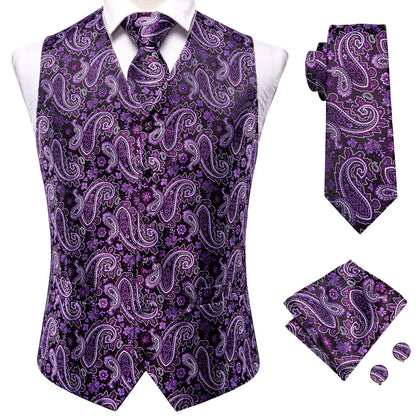 Purple Silk Mens Waistcoat Tie Set Sleeveless Jacket Suit Vest Necktie Hanky Cufflinks Wedding Business Oversized