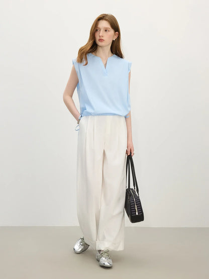 Straight Shoulder V-Neck Sleeveless Blouse - 2025 Summer New Style with Drawstring Tie Women Shirts 25FS12645