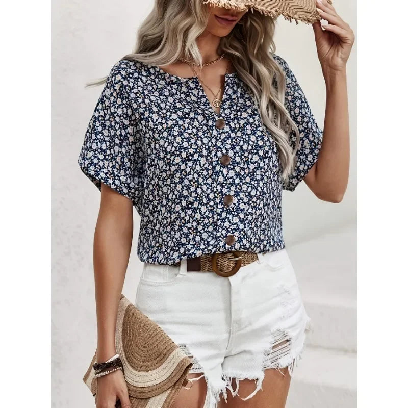 Plus Size Women's Shirts 2025 Spring Summer New Fashion Casual Floral Printing V-Neck Short Sleeve Blouses Korean Style Clothing
