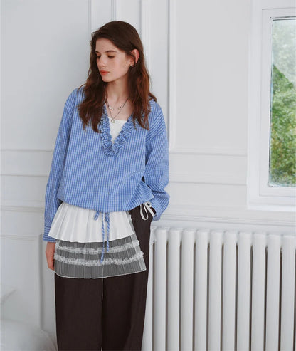 Autumn 2025 Ruffle Trim Blouse - V-Neck Long Sleeve Drawstring Tie Waist Adjustable Fit Women Casual Top