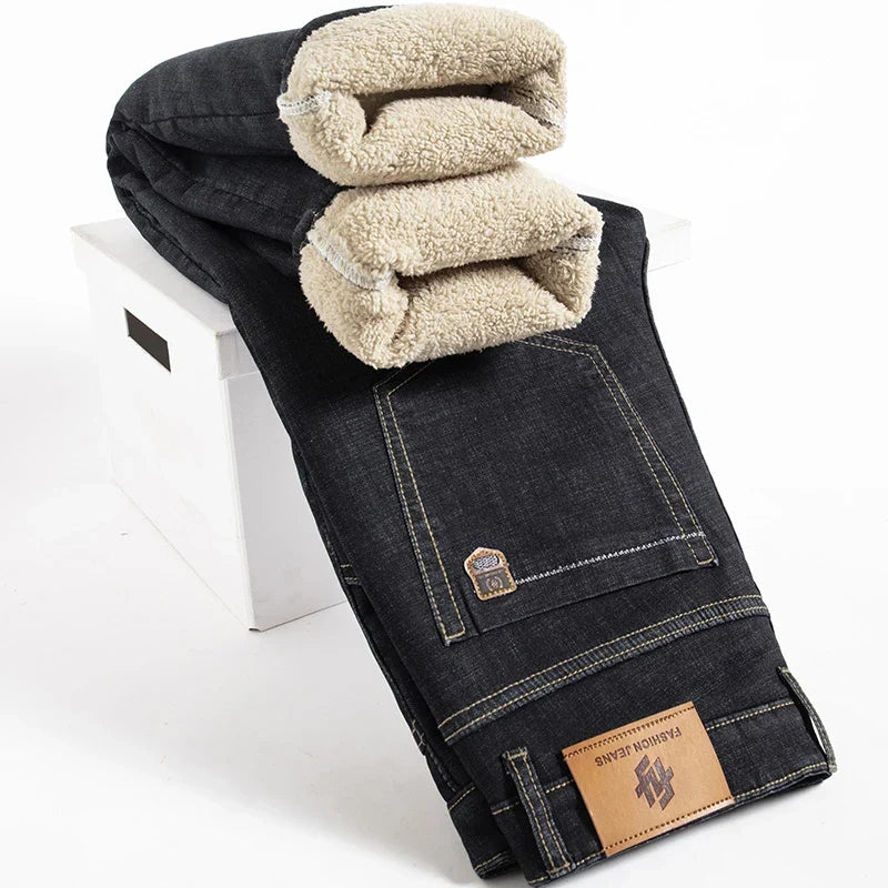 Winter Warm Fleece Jeans Men 2025 Straight Stretch Thick Casual Thermal Denim Pants Male Business Work Trousers New Men Clothing