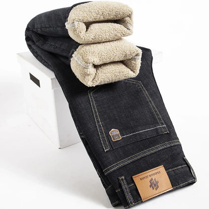 Winter Warm Fleece Jeans Men 2025 Straight Stretch Thick Casual Thermal Denim Pants Male Business Work Trousers New Men Clothing