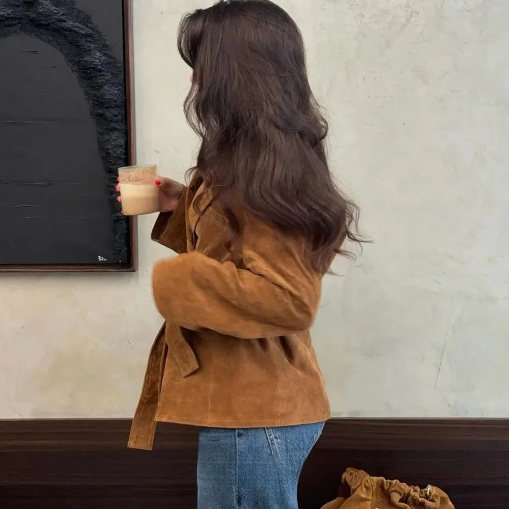 Office Lady Suede Blazer V Neck Sashes Long Pockets Blazer Fashion 2025 Fall Streetwear Outwear Winter Thick Coats