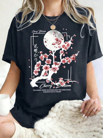 Japanese Cherry Blossom Design Women'S T-Shirt Loose Cotton T Shirts Crewneck Trendy Short Sleeve Y2K Summer Casual Streetwear