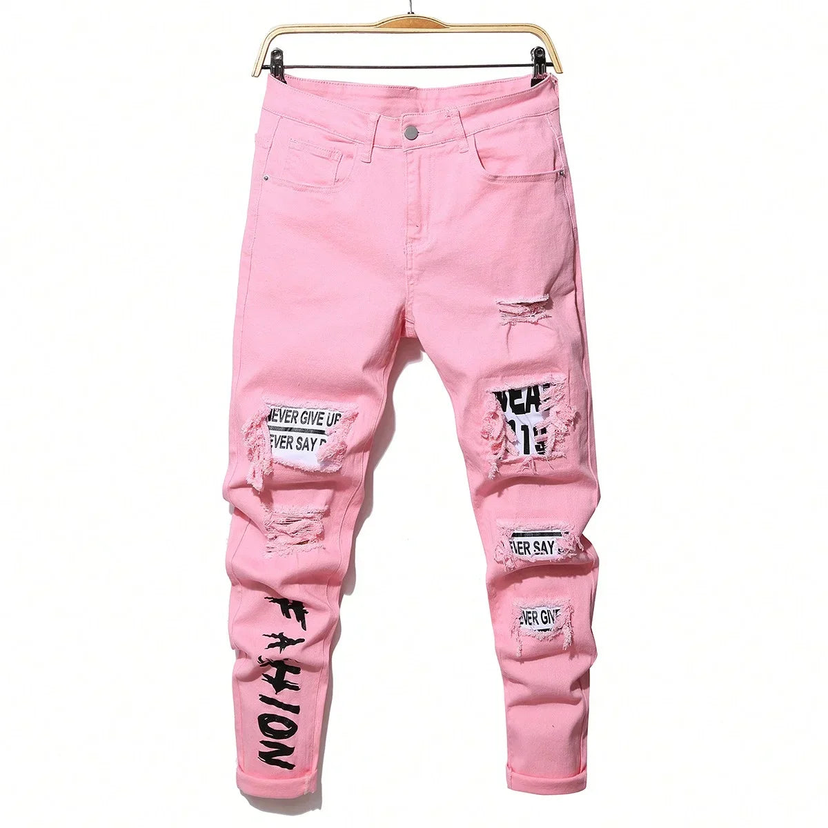 Men's Stretchy Ripped Denim Jeans Slim Fit Straight Trousers Elastic Waist Patchwork Holes Tearing Streetwear Casual Pants