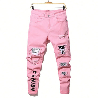 Men's Stretchy Ripped Denim Jeans Slim Fit Straight Trousers Elastic Waist Patchwork Holes Tearing Streetwear Casual Pants