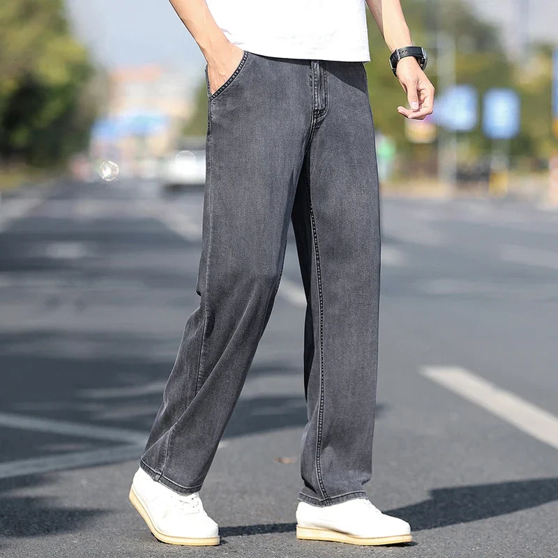 Loose Wide-leg Men's Thin Jeans Lyocell Soft Drape Fabric Comfort Trousers Spring Summer Fashion Brand Washing Denim Pants