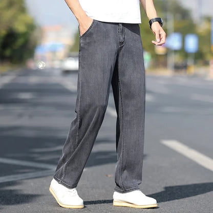 Loose Wide-leg Men's Thin Jeans Lyocell Soft Drape Fabric Comfort Trousers Spring Summer Fashion Brand Washing Denim Pants