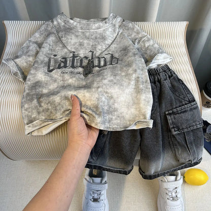 Korean Children's Summer Clothes Kids Set Outfits Boys 2026 Handsome Sleeveless&Short Sleeved T-shirt Denim Shorts 2-piece Set