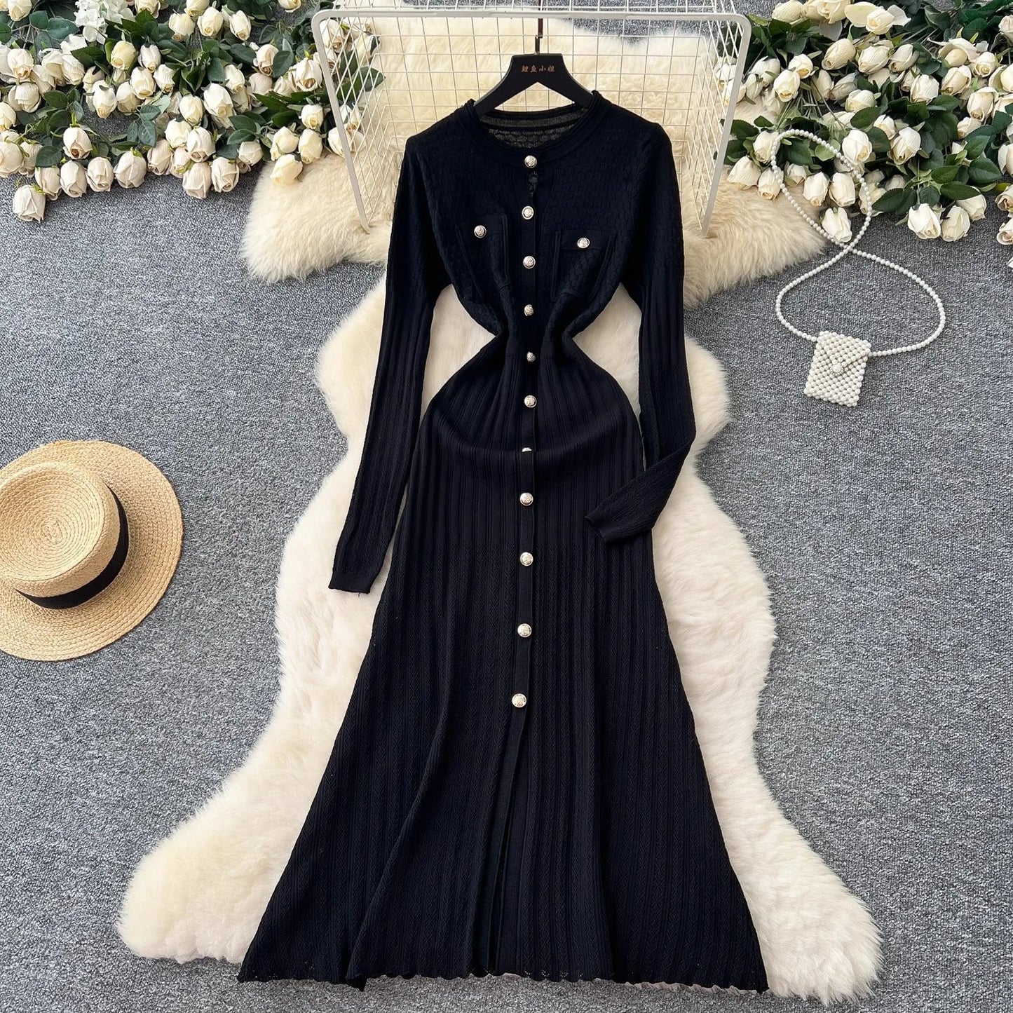 Brand Fashion Aesthetic Patchwork Knitted Maxi Dress Autumn Winter Women Luxury Shirt Sweater Dress Office Lady Vestido