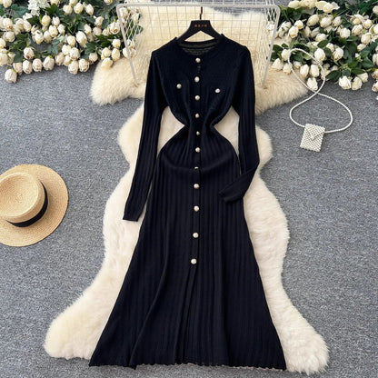 Brand Fashion Aesthetic Patchwork Knitted Maxi Dress Autumn Winter Women Luxury Shirt Sweater Dress Office Lady Vestido