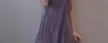 Slimming Effect Purple Mesh Ankle-Length Dress Women's plus Size Strapless Gown Korean Style High Waist A-Line Skirt
