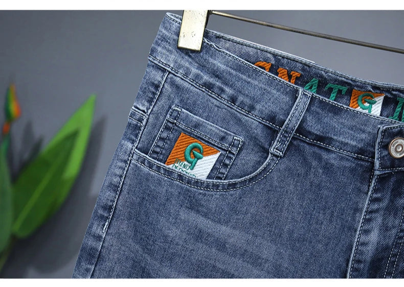 Summer New Men's Embroidered Denim Shorts Fashion Straight Slim Personality Streetwear Jeans Male Bermuda Male Short Pants