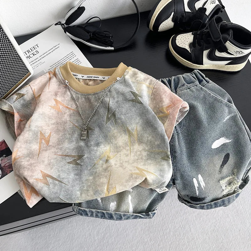 Children Handsome Suit Casual Clothes Summer New Zaidan Lightning T-shirt with Necklace+ Ripped Jeans 2Pcs/set Infant Tracksuits