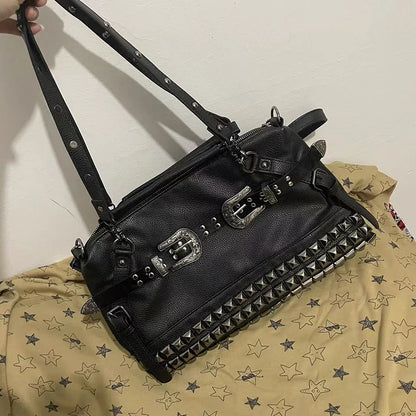 Spice Girl Carved Leather Buckle Bag Large Capacity PU Fashion Rivet Cool Handbags Oblique Straddle Portable Punk Tote Bags