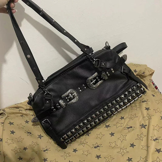 Spice Girl Carved Leather Buckle Bag Large Capacity PU Fashion Rivet Cool Handbags Oblique Straddle Portable Punk Tote Bags