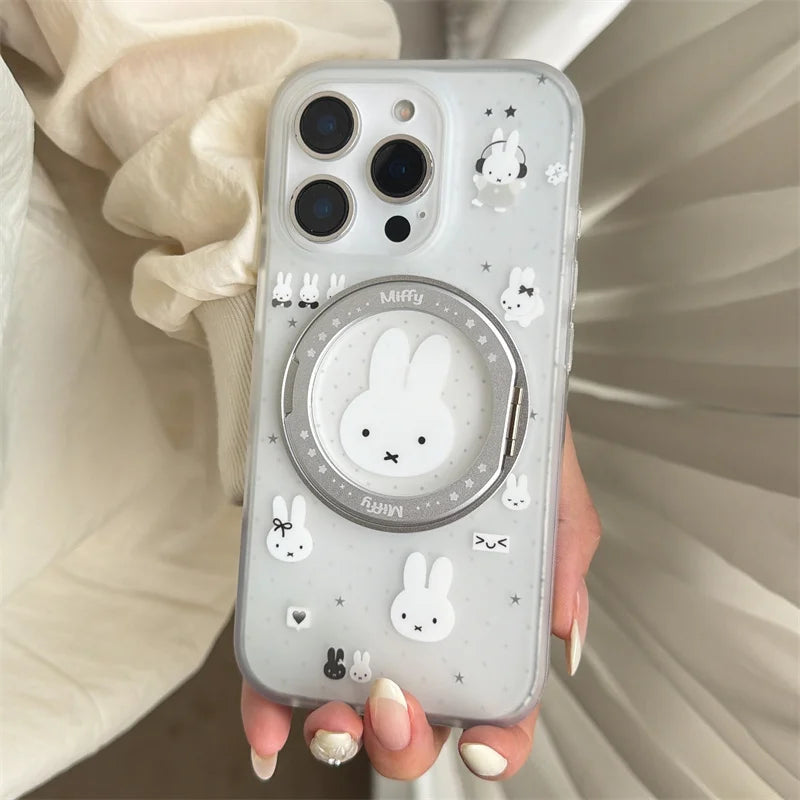 Rabbit 360° Rotatable Stand Phone Case Clear Glitter Shockproof Cover For iPhone 15 16 17 Pro Max For Girls
