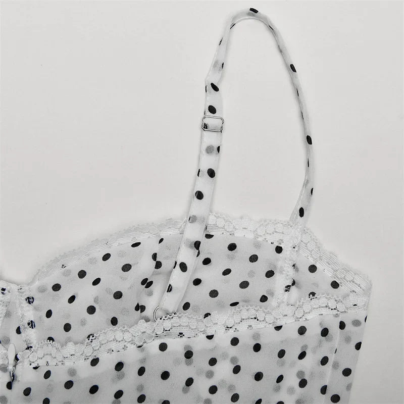 Polka Dot Spaghetti Strap Sexy Midi Dress Women Elegant Off-shoulder Backless Sleeveless Bodycon Club Party Dress