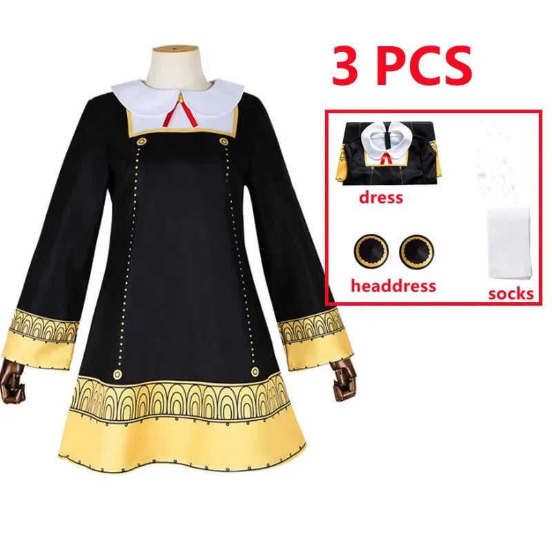 Anime SPY X FAMILY Anya Forger Cosplay Costume Black Dress Uniform Child Girls Pink Wig Stockings Party Role Outfit Adults Kids