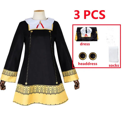 Anime SPY X FAMILY Anya Forger Cosplay Costume Black Dress Uniform Child Girls Pink Wig Stockings Party Role Outfit Adults Kids